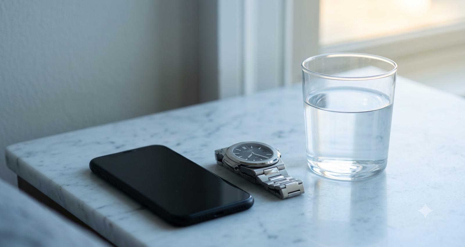 A phone and a watch on marble in morning light